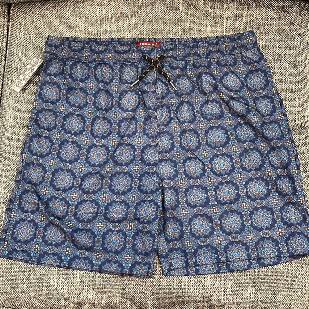 Consequence swim trunks. Large. Psychedelic pattern.